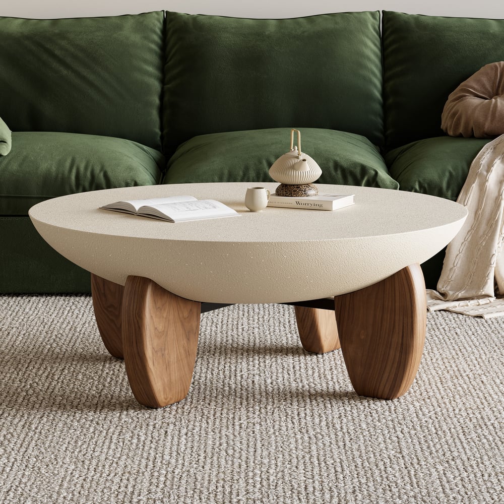 Curva Round Concrete Walnut Coffee Table with Wood Legs