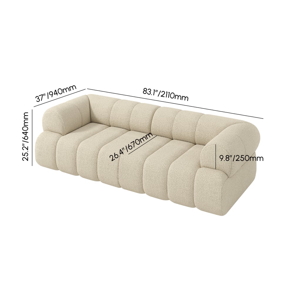 Beige sofa with dimensions labeled on a white background