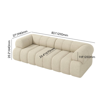 Beige sofa with dimensions labeled on a white background
