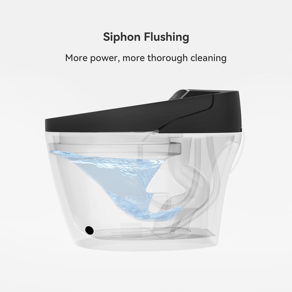 Cleaning device with water being flushed, labeled 'Siphon Flushing' on a white background.