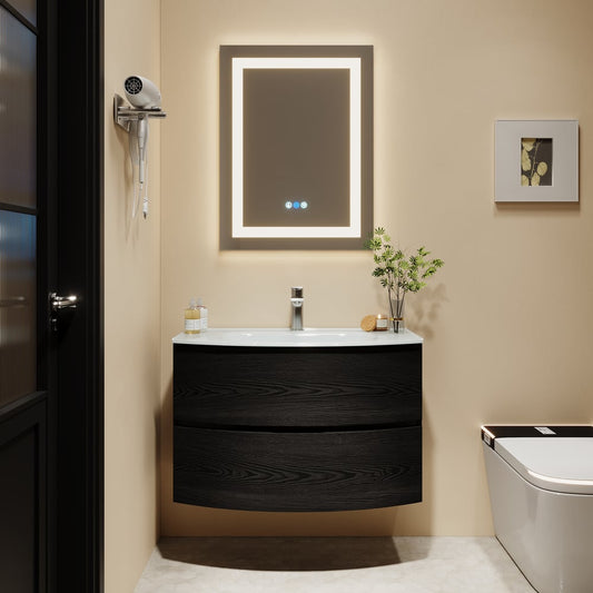 Modern 31.5" Floating Bathroom Vanity with One-piece Glass Basin 2 Drawers in Black