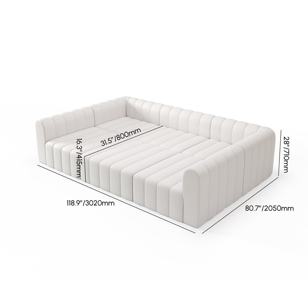 White sofa with dimensions indicated on a white background