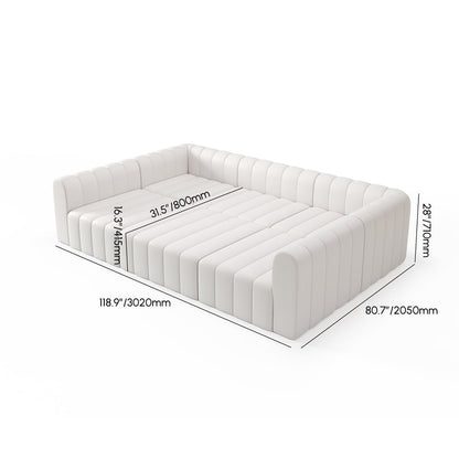 White sofa with dimensions indicated on a white background