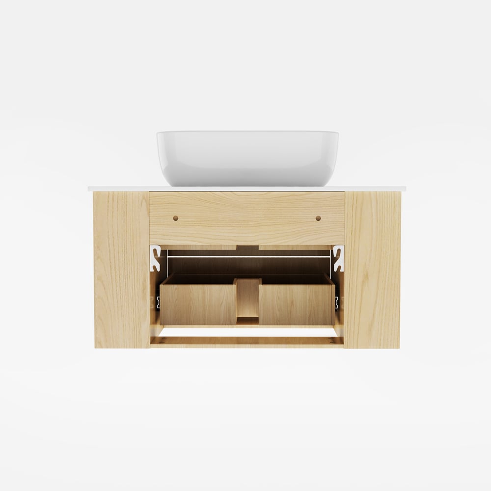 Wooden bathroom vanity with a white sink on a white background