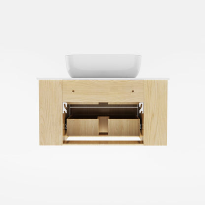 Wooden bathroom vanity with a white sink on a white background