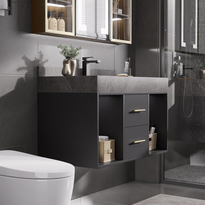 Bathroom Vanity Set 35.4" Modern Floating Sintered Stone Bathroom Vanity Black with Sink