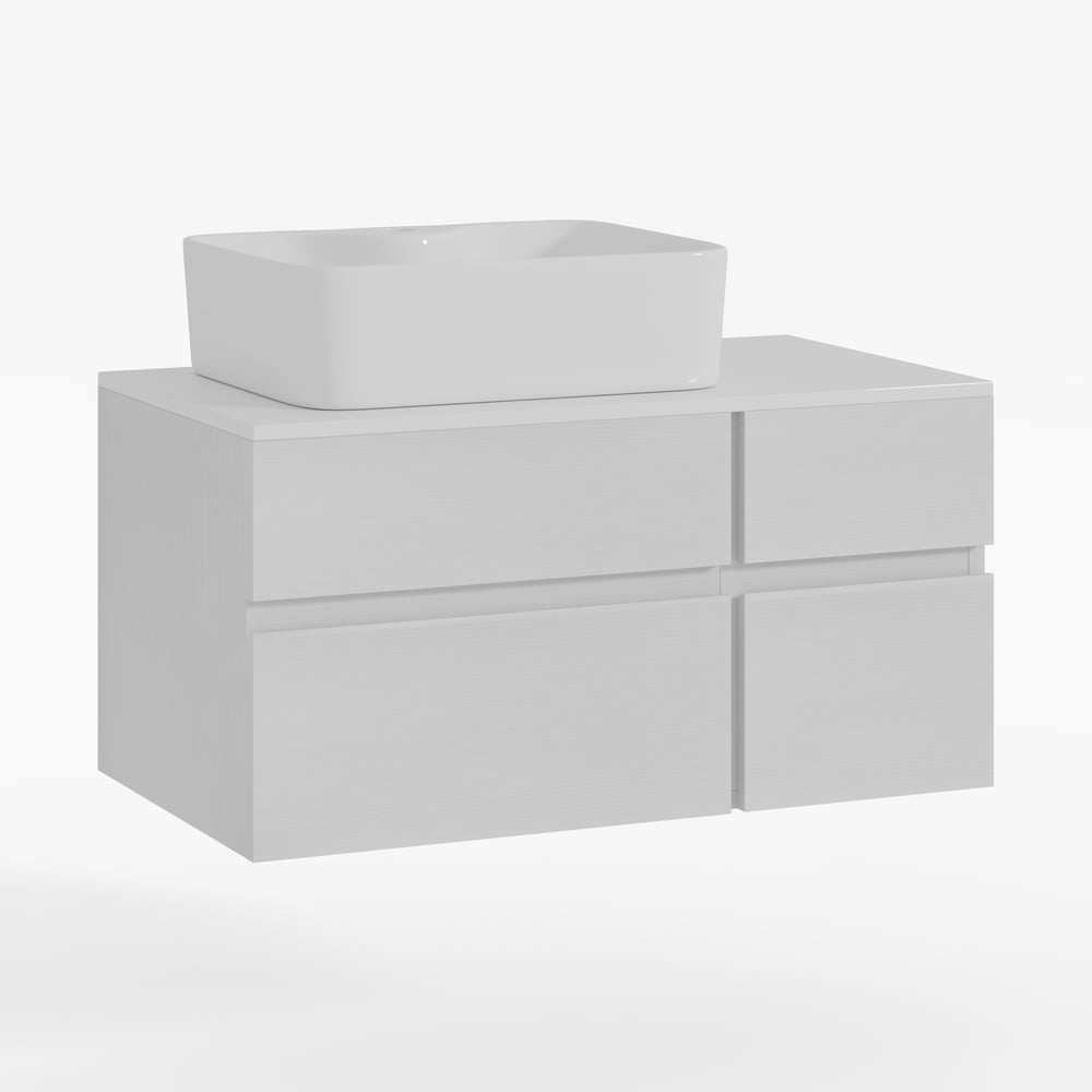 Set of three white storage boxes on a light gray background