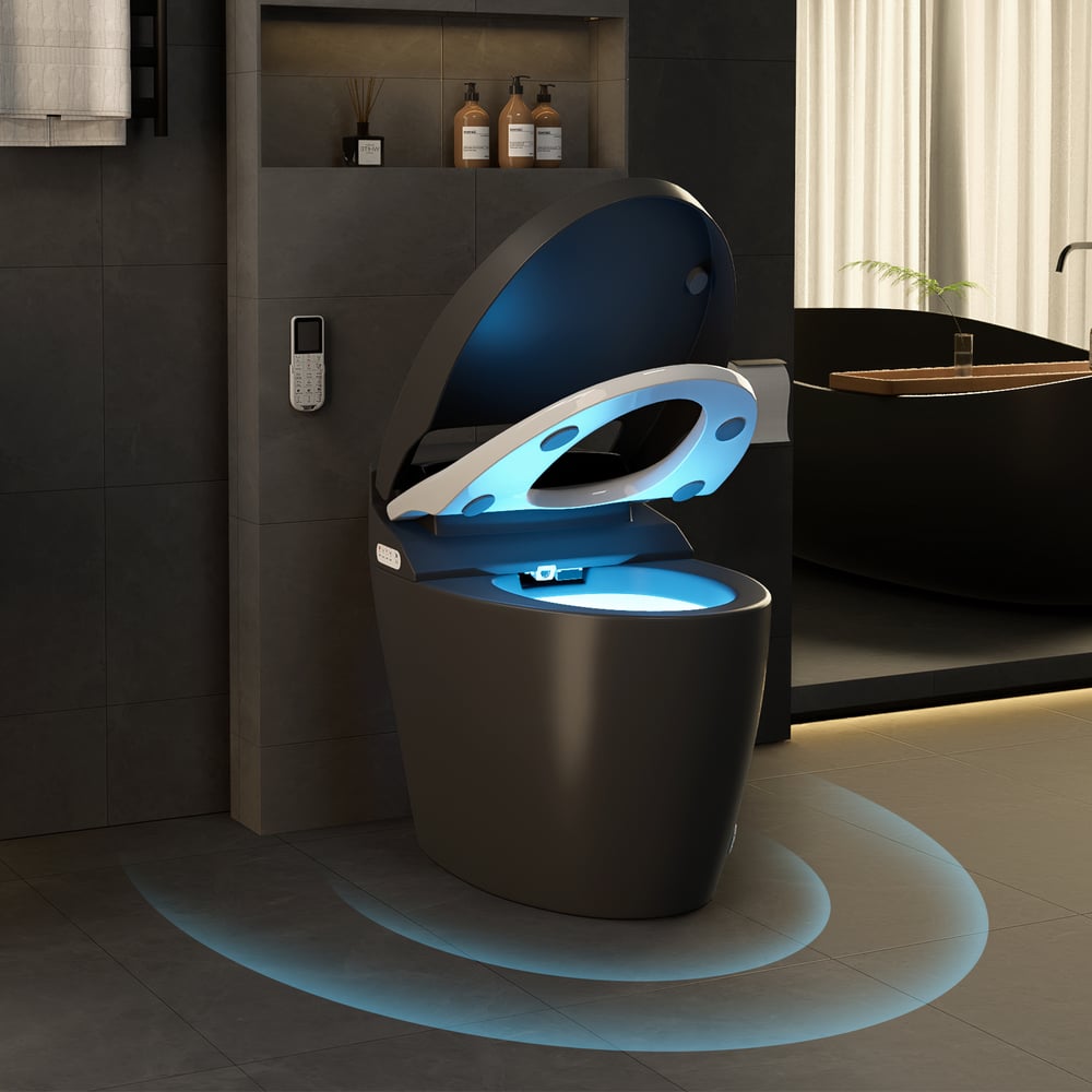 Modern black toilet with blue lighting in a bathroom setting
