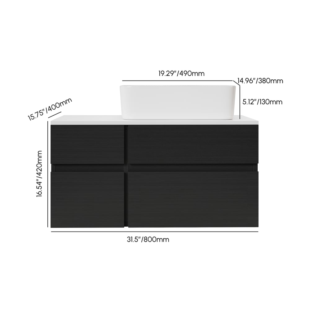 Dimensions of a bathroom vanity with sink on a white background