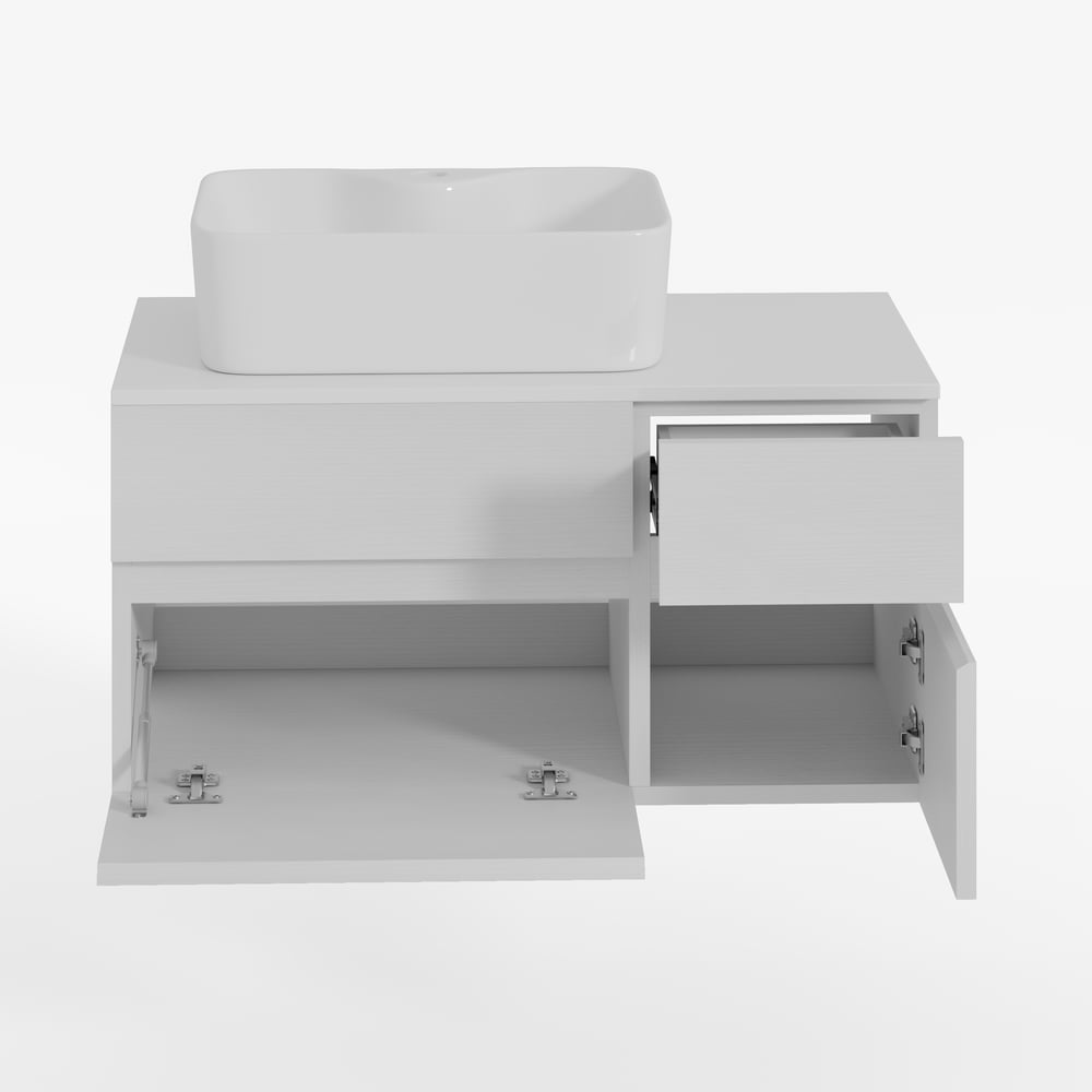 White bathroom vanity with open drawers and a sink on a white background