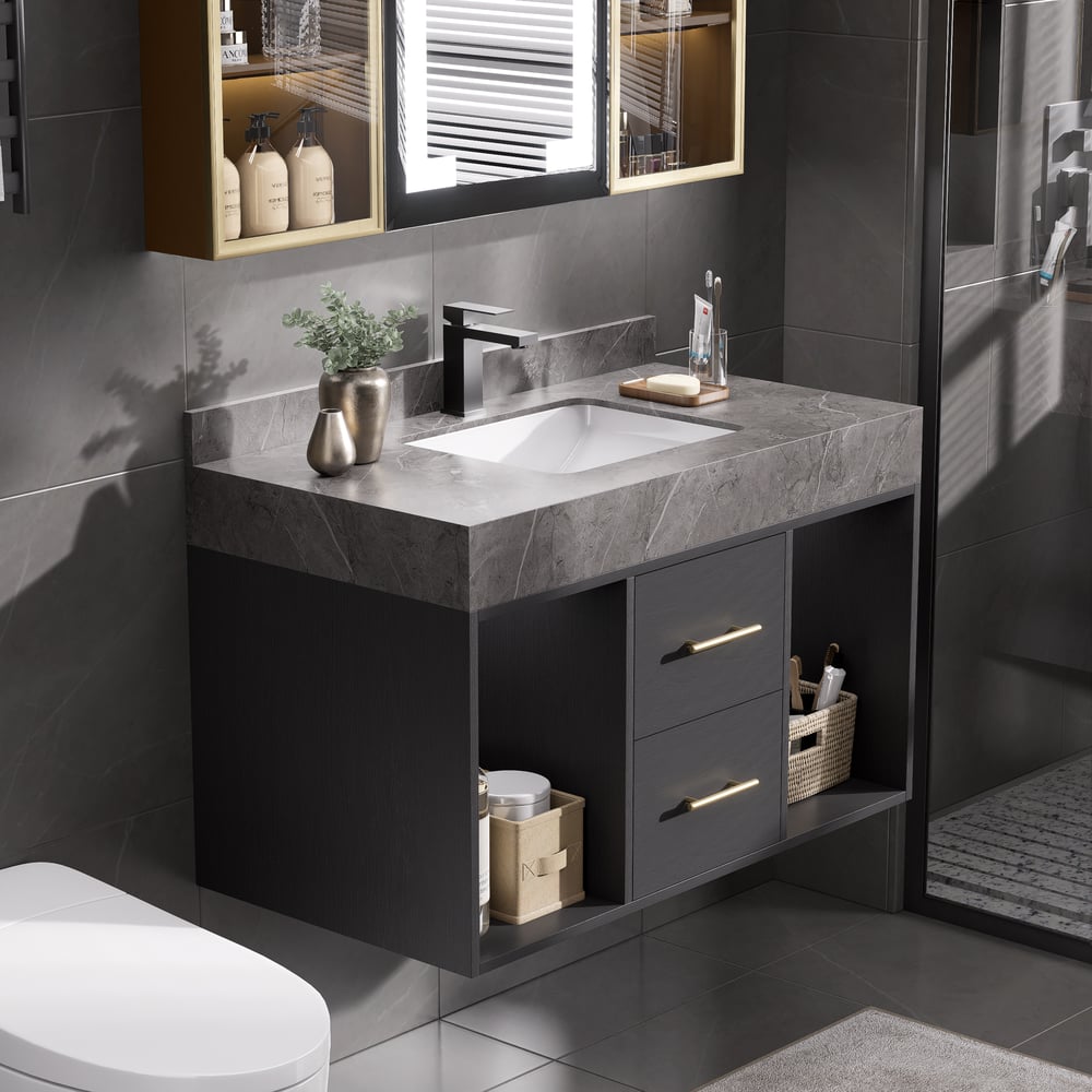 Bathroom Vanity Set 35.4" Modern Floating Sintered Stone Bathroom Vanity Black with Sink
