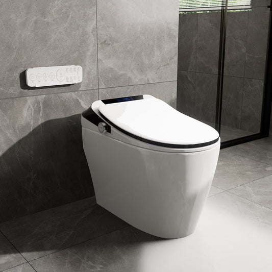 Modern toilet in a bathroom with gray tiles