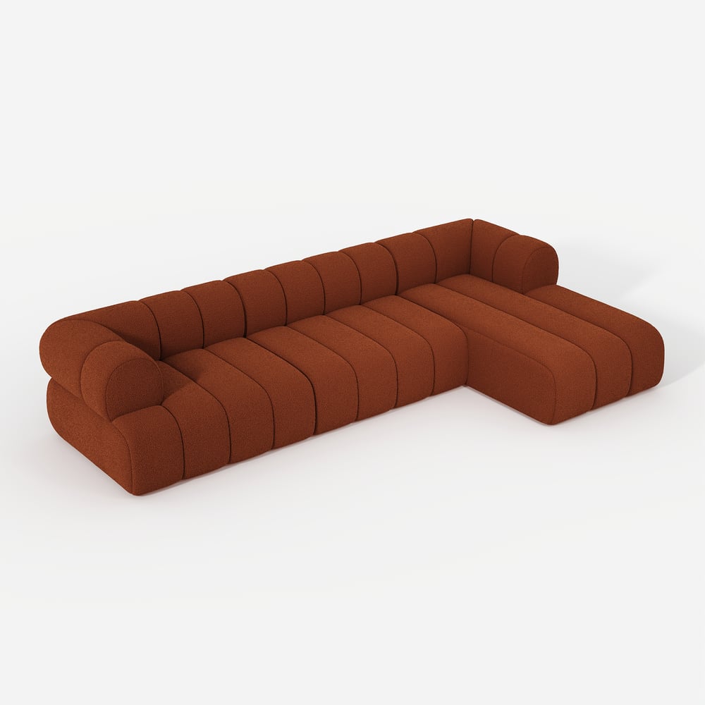 Brown L-shaped sofa on a white background
