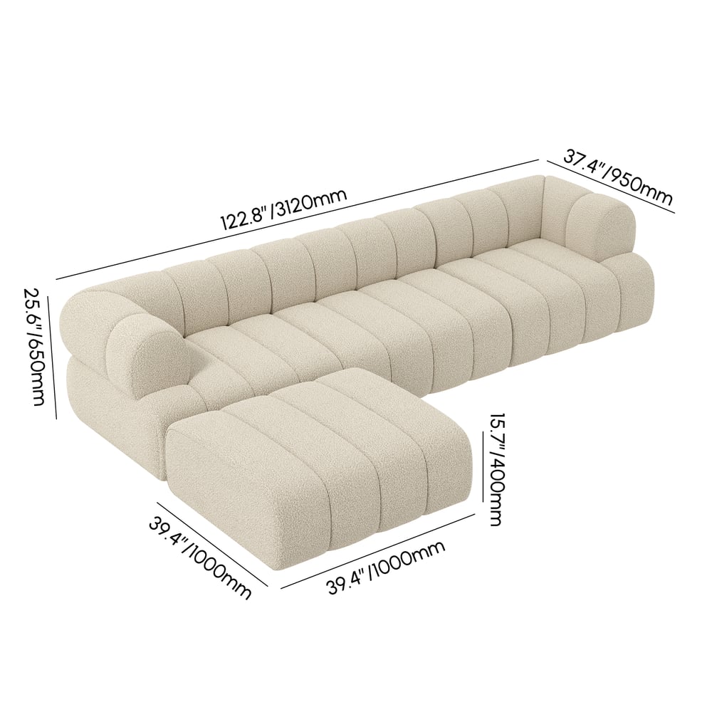 Beige sectional sofa with dimensions labeled on a white background