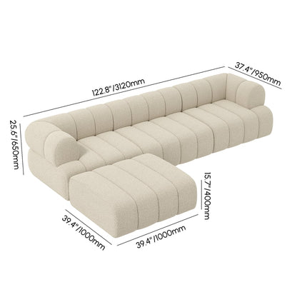 Beige sectional sofa with dimensions labeled on a white background