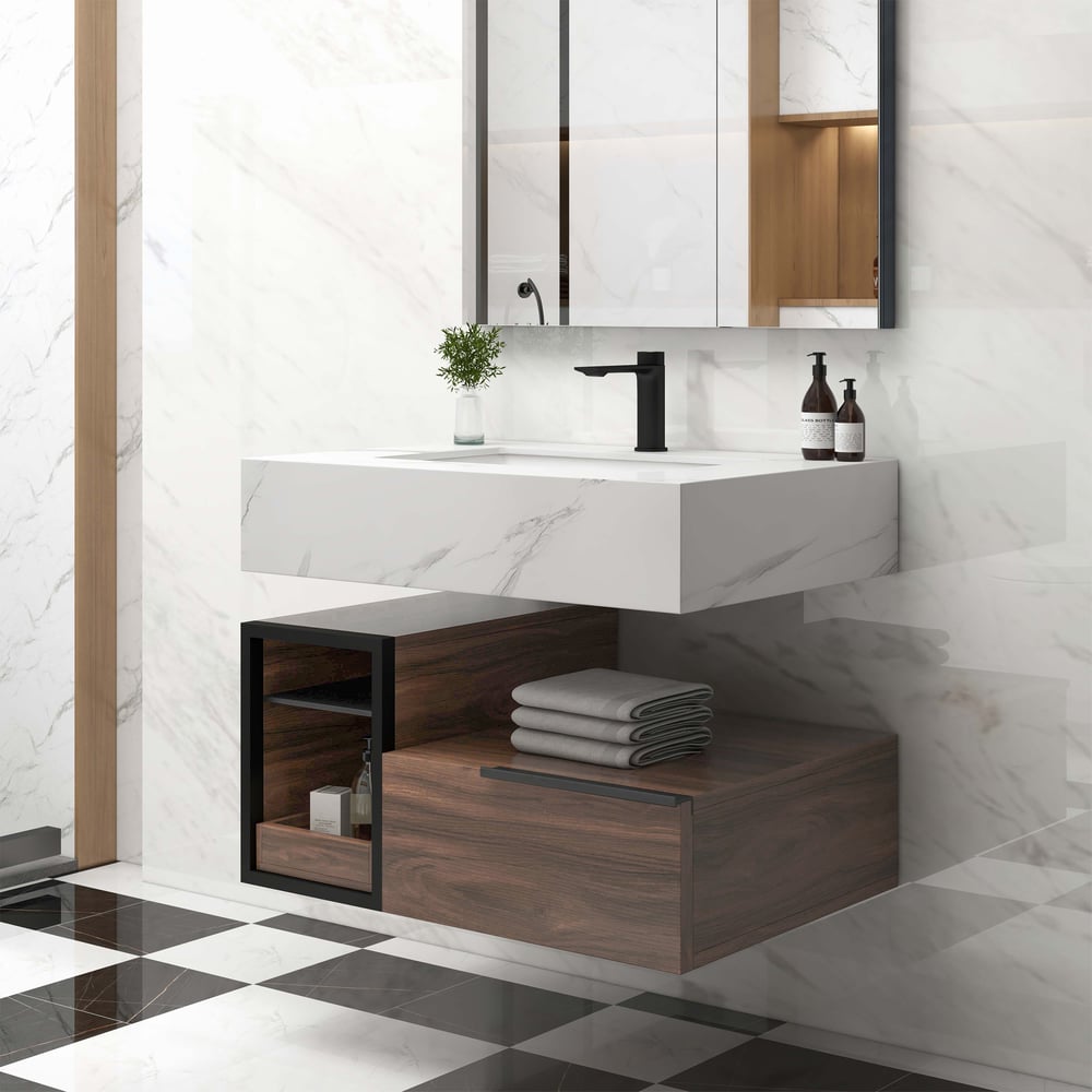 Modern bathroom vanity with marble countertop, wooden cabinet, and black fixtures.