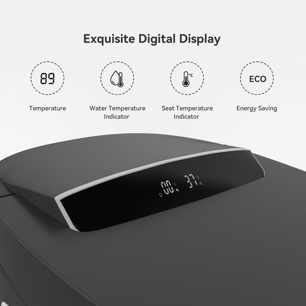 Digital display on a car's dashboard with temperature and indicator icons.