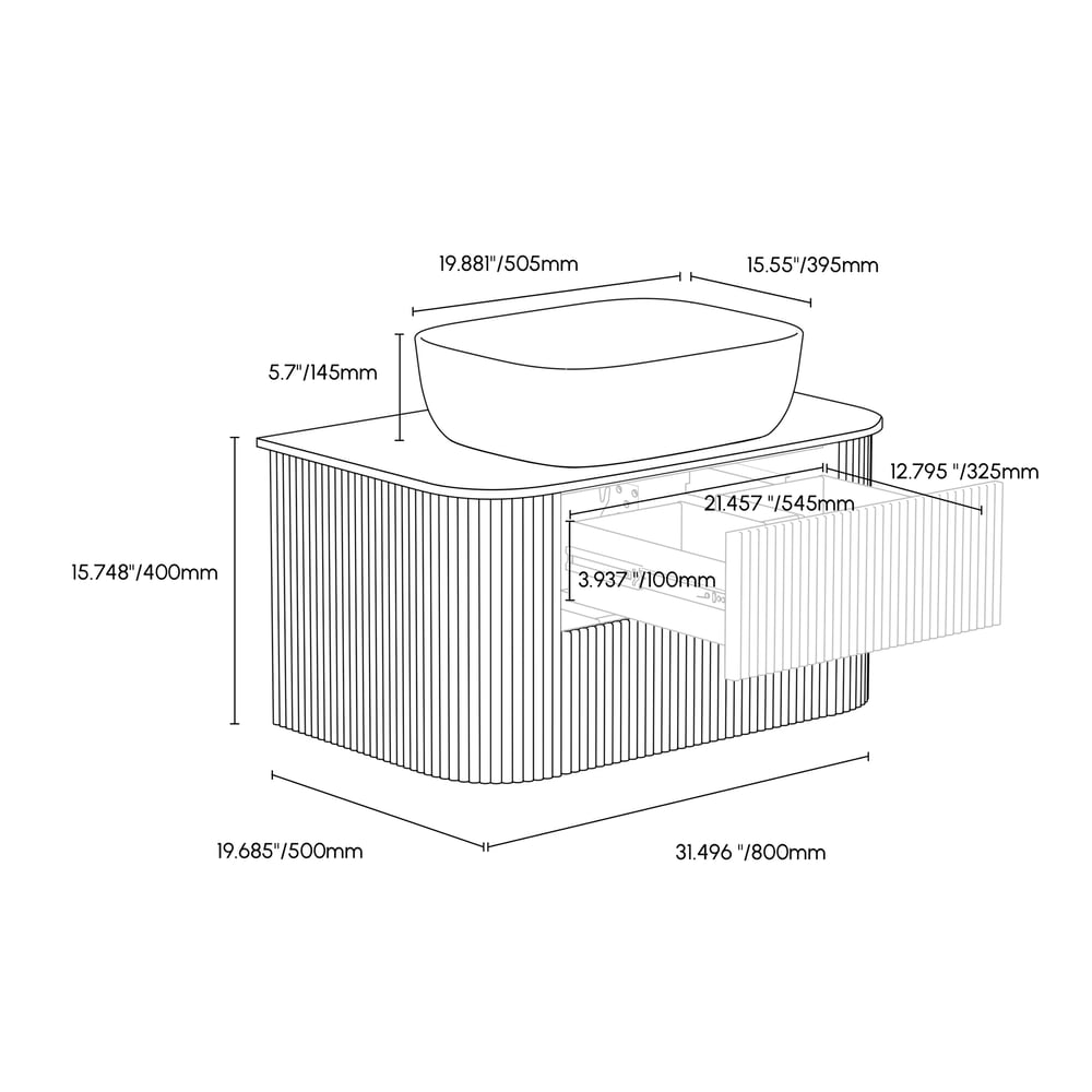 Technical drawing of a bathroom vanity with dimensions labeled