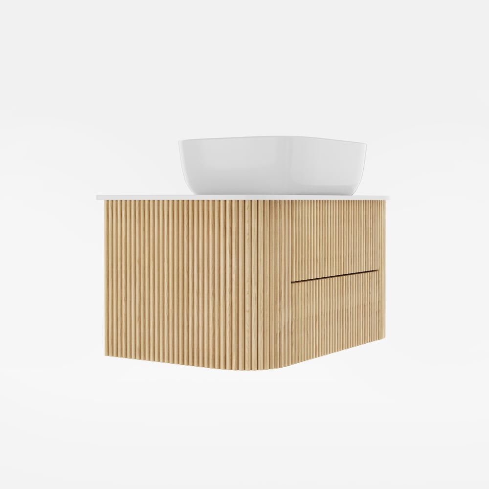 Wooden bathroom vanity with white basin on a white background