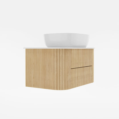 Wooden bathroom vanity with white basin on a white background