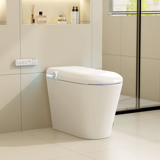 Modern white toilet in a bathroom setting with neutral colors