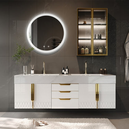 Modern bathroom vanity with round illuminated mirror and gold accents.