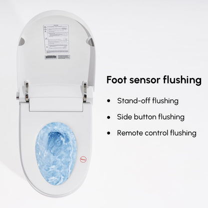 Toilet seat with foot sensor flushing features on a white background