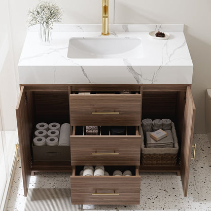Bathroom vanity with open drawers and marble countertop
