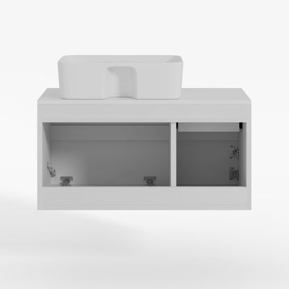 White bathroom vanity with a sink on a white background