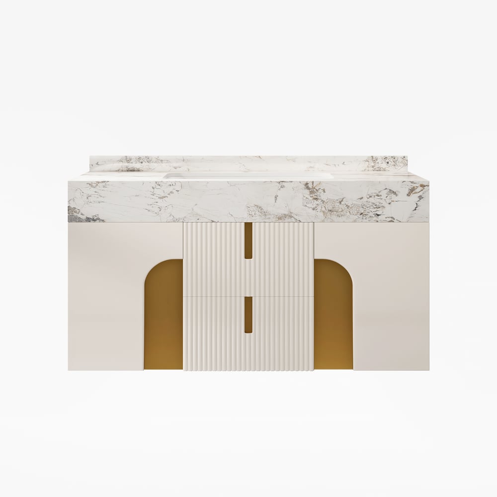 Marble countertop with gold accents on a white background