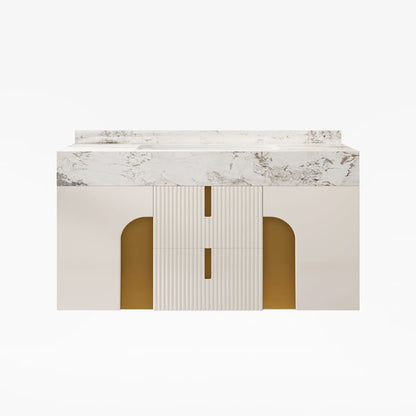 Marble countertop with gold accents on a white background