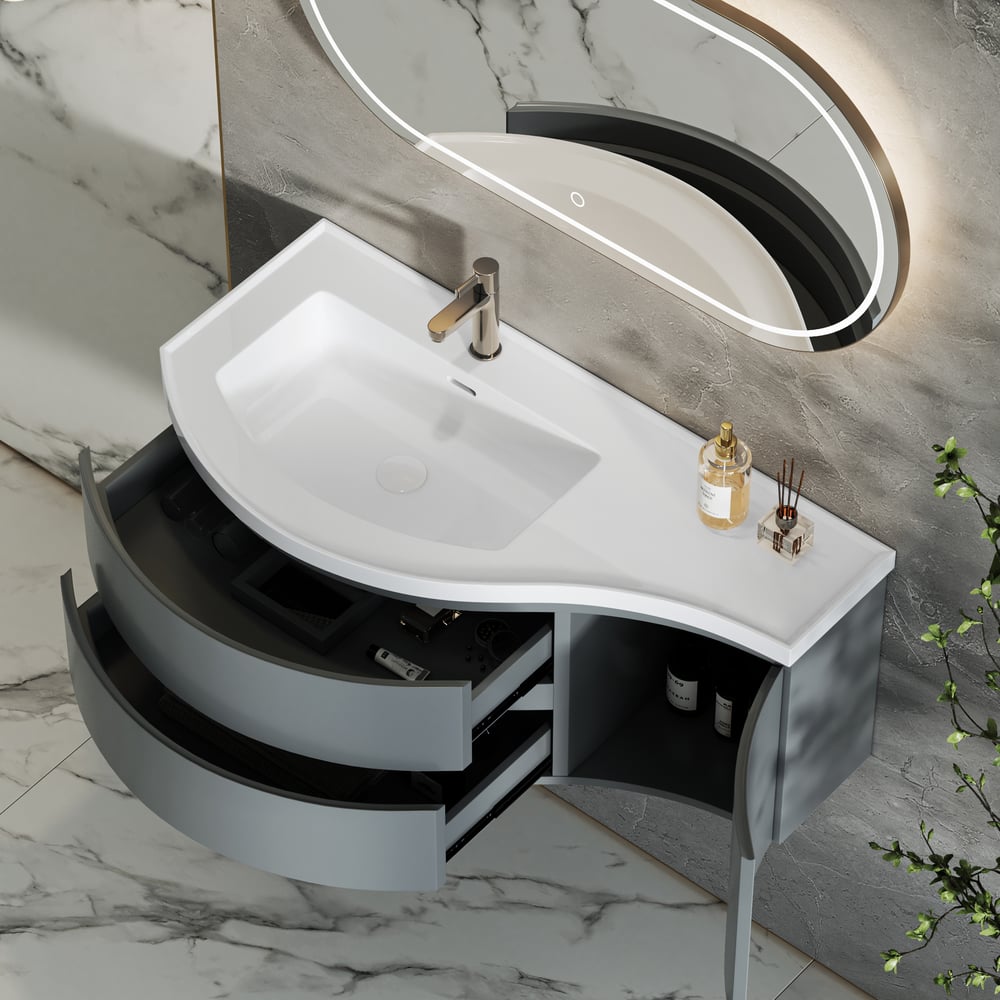 Modern bathroom vanity with sink and mirror on a marble floor