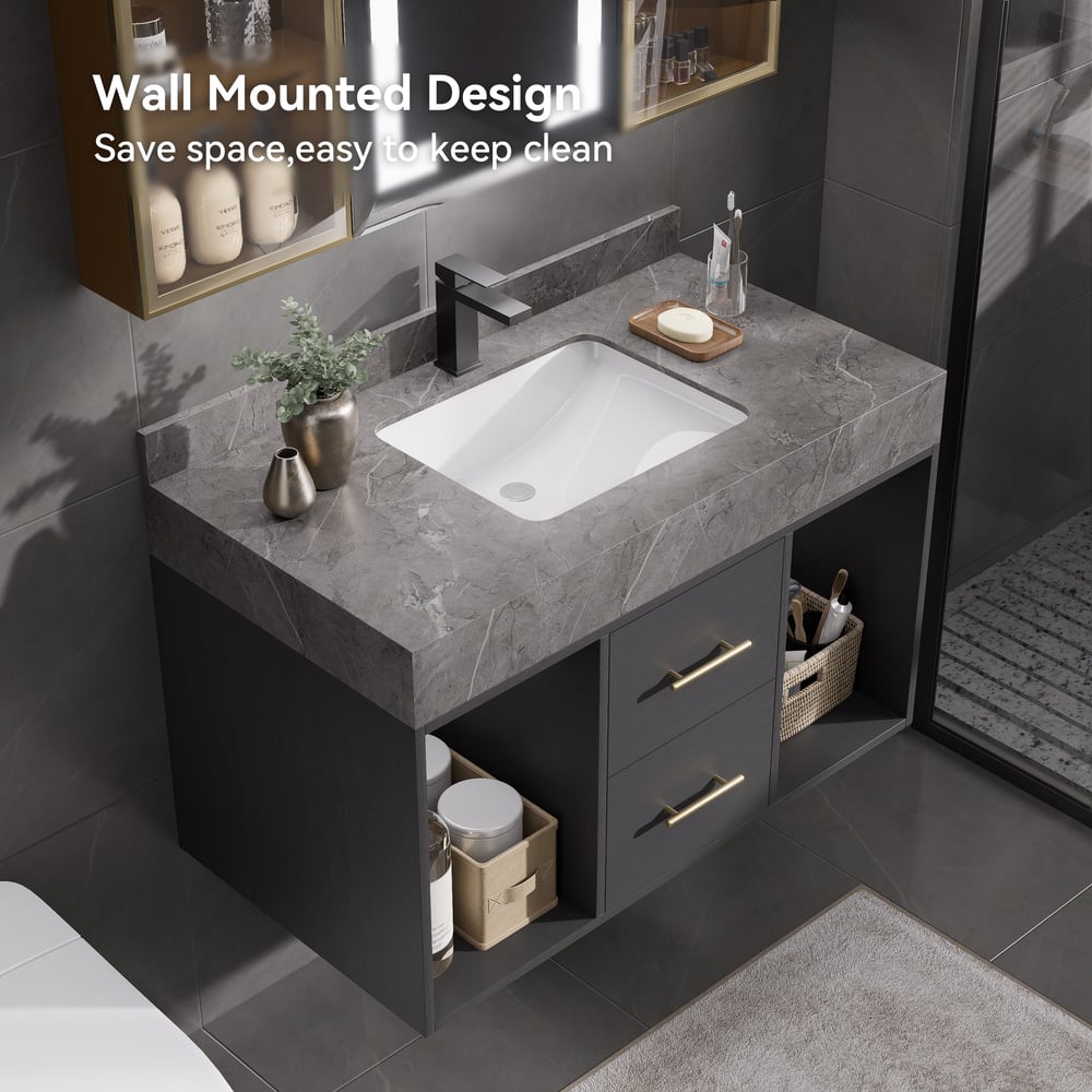 Bathroom Vanity Set 35.4" Modern Floating Sintered Stone Bathroom Vanity Black with Sink