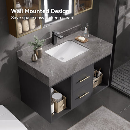 Bathroom Vanity Set 35.4" Modern Floating Sintered Stone Bathroom Vanity Black with Sink