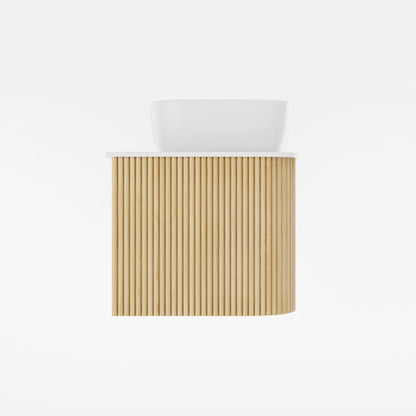 Wooden desk with a white top on a light gray background