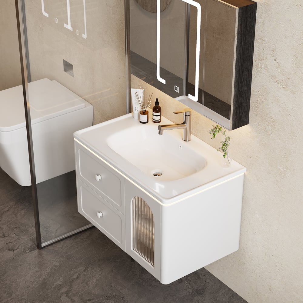 Bathroom vanity with sink and mirror in a modern bathroom setting