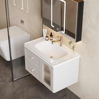 Bathroom vanity with sink and mirror in a modern bathroom setting