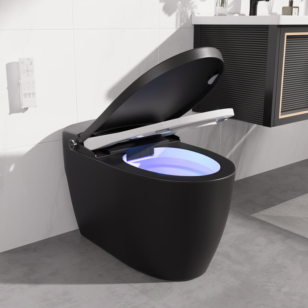 Modern black toilet with open lid in a bathroom setting