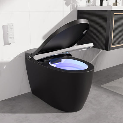 Modern black toilet with open lid in a bathroom setting