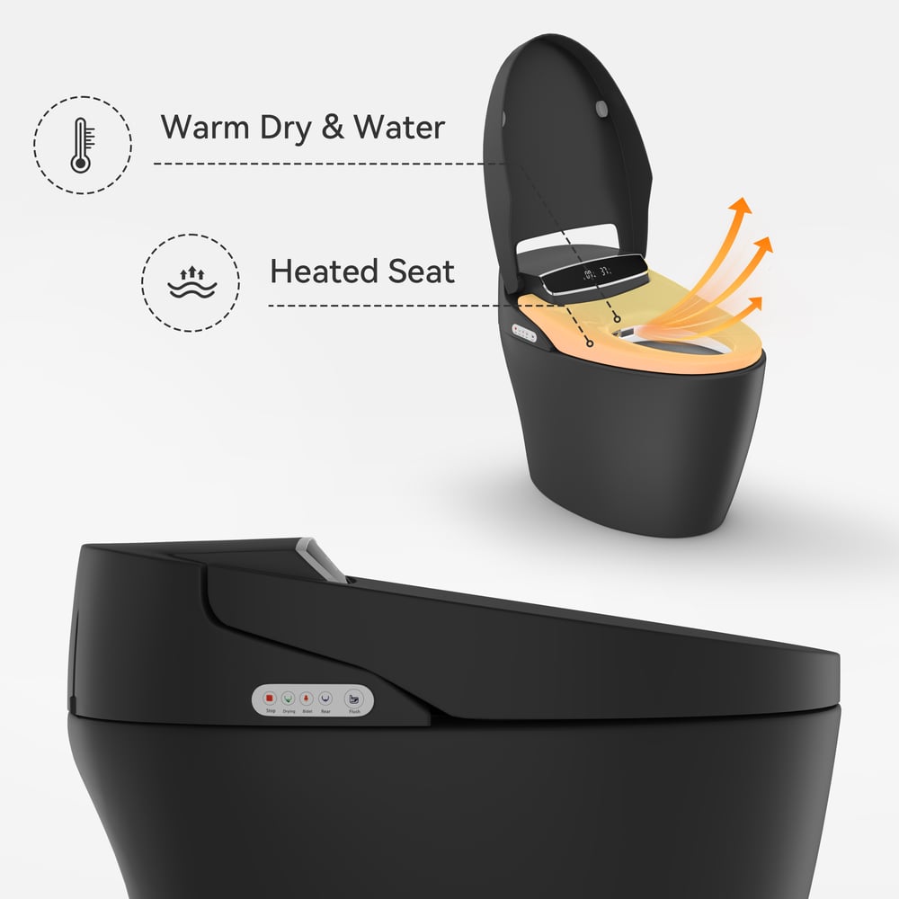 Smart toilet with features labeled 'Warm Dry & Water', 'Heated Seat' on a white background