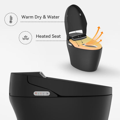 Smart toilet with features labeled 'Warm Dry & Water', 'Heated Seat' on a white background