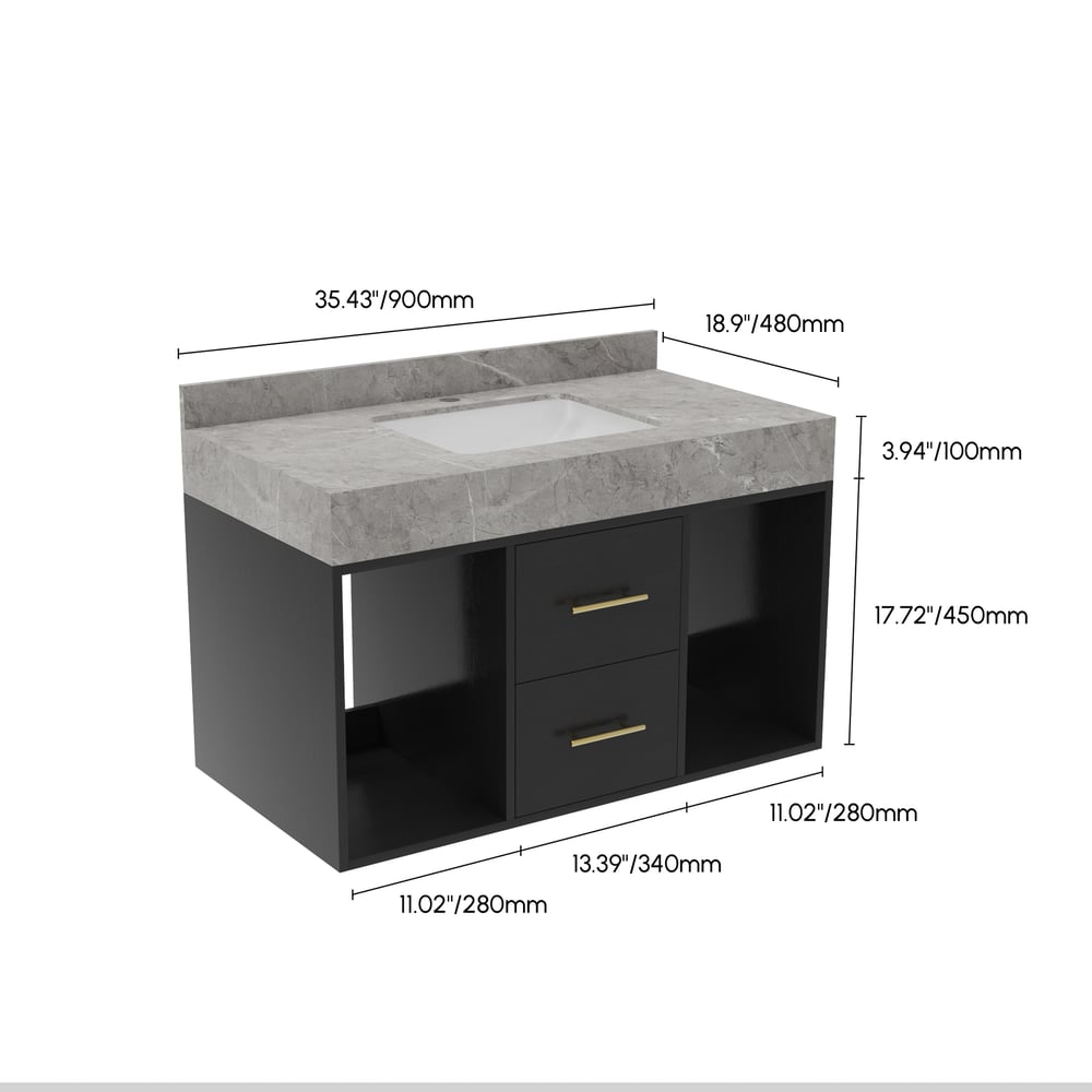 Bathroom Vanity Set 35.4" Modern Floating Sintered Stone Bathroom Vanity Black with Sink