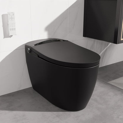 Modern black toilet in a bathroom setting with tiled walls and floor.