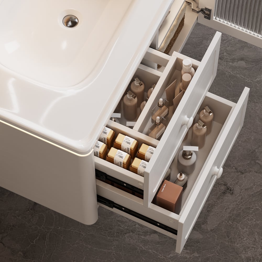 Open bathroom drawer with toiletries next to a sink