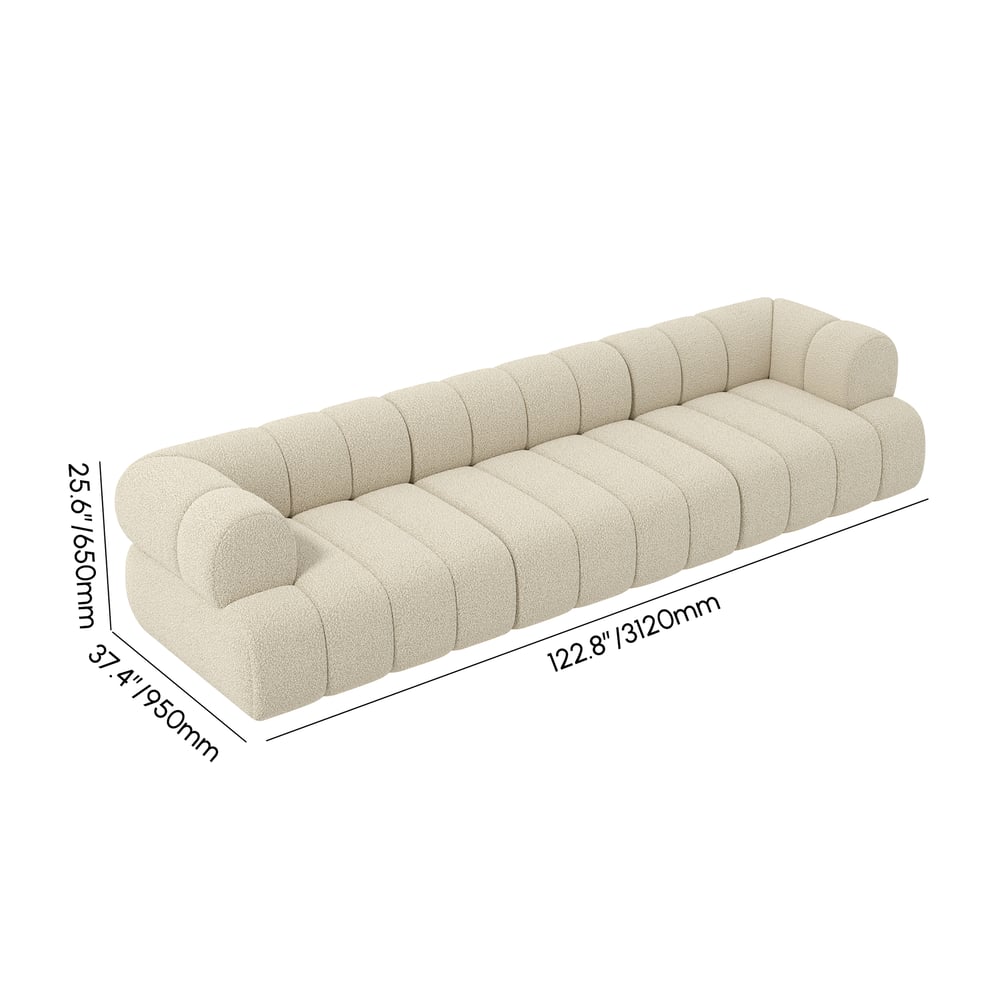 Beige sofa with dimensions labeled on a white background