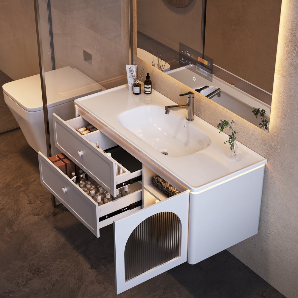 Bathroom vanity with open drawers, sink, and mirror in a modern bathroom setting.