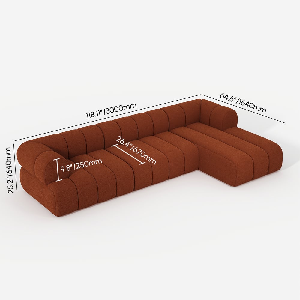 Brown sectional sofa with dimensions labeled on a white background