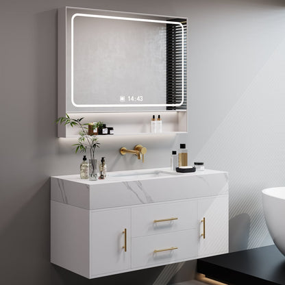 Modern bathroom vanity with illuminated mirror and various toiletries.