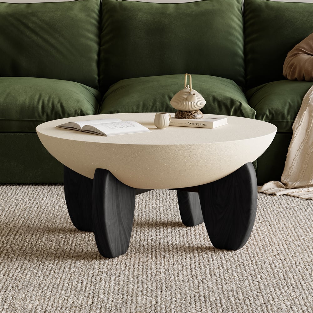 Curva Round Concrete Walnut Coffee Table with Wood Legs
