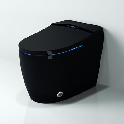 Black electronic device with blue light on a white background